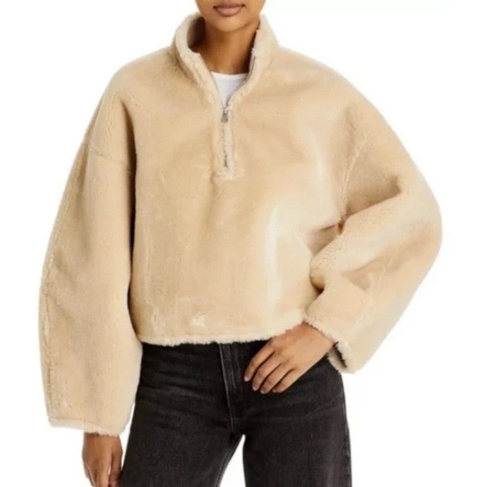 Jason Wu Women Faux Fur Quarter Zip Pullover Cropped Teddy Sweater Large NWT